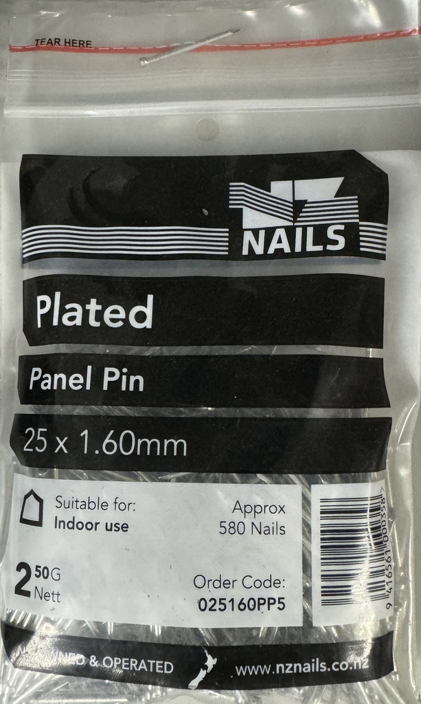 NAIL 500g  25 x 1.6mm PLATED PANEL PIN